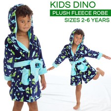 Kids Boys Hooded Bathrobe Dinosaur Print Dressing Gown Dino Robe 2-3 3-4 4-5 5-6