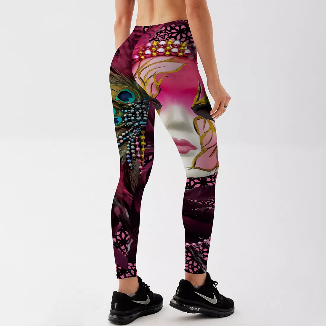 Women Girls Leggings Sports Yoga Pants Digital 3D Printed Colourful Peacock  Mask