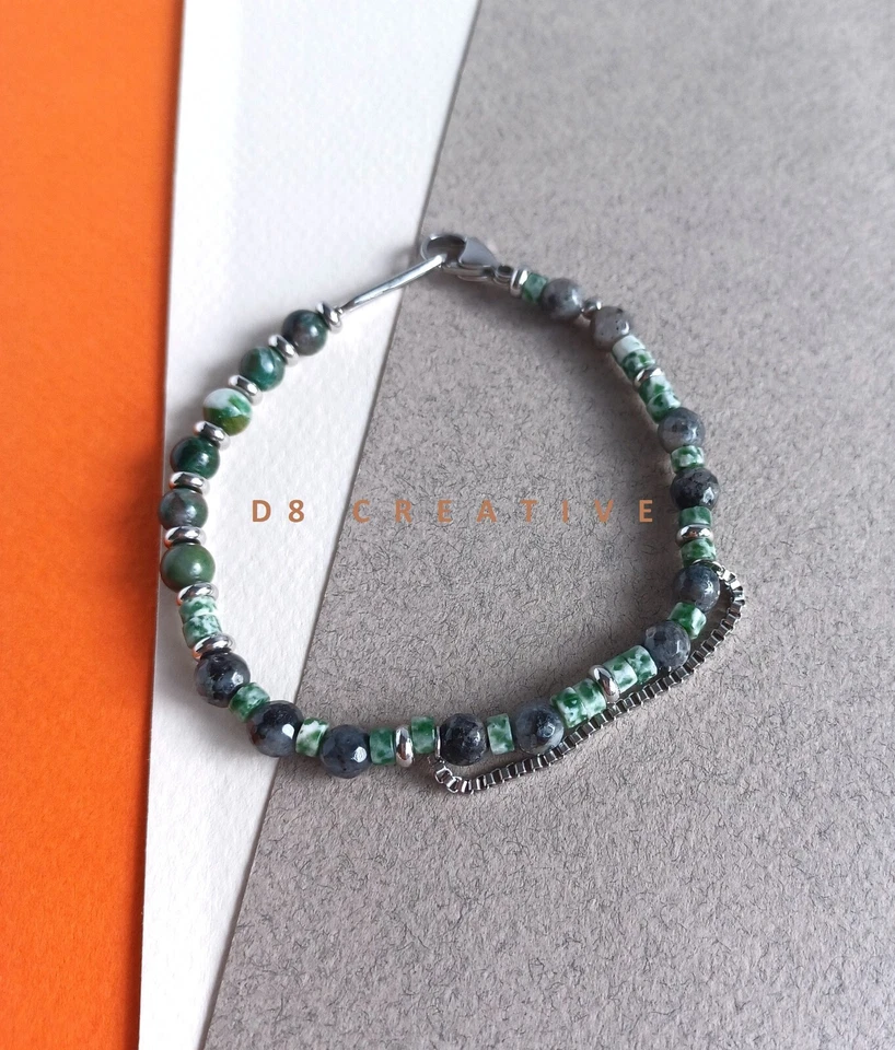 Nuevo Hombre Mezcla Piedras Preciosas con Plata Acero Inoxidable Pulsera Foto 3 de 4