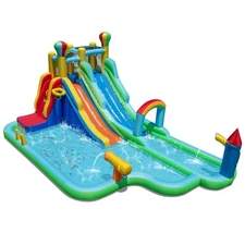 Inflatable Water Park w/Climbing Wall Basketball Rim Splash Pool Blower Excluded