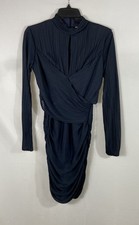 Halston Heritage Women's Navy Ruched Draped Mock Neck Long Sleeve Dress Sz 8