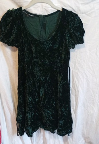 Betsey Johnson Green/Black Velvet Ruched Mini Dress Puff Sleeve Scoop Neck S
