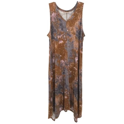 LOGO Lori Goldstein Maxi Dress Womens 2X Brown Tie Dye Acid Wash Sharkbite Hem - Image 1 of 4