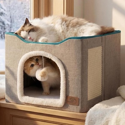 Cat Beds Indoor Cats Large Cat Cave Pet Cat House W/ Fluffy Ball Hanging &