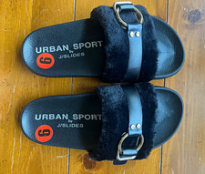 Urban Sport by J/Slides Buckle Up Faux Fur Slide Sandals Womens 6M Black NIB