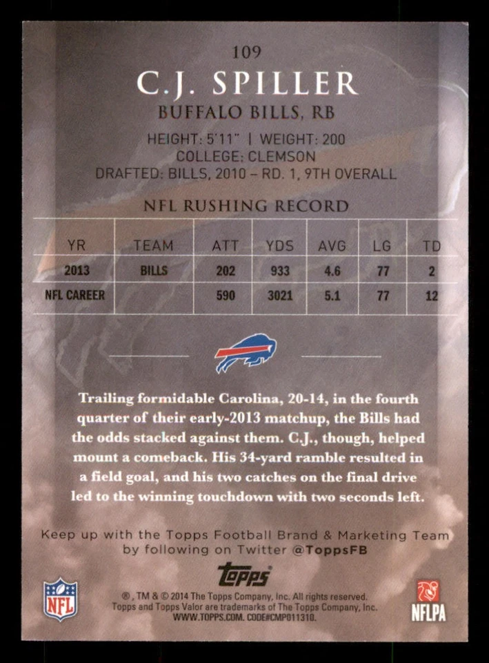 2014 Topps Valor Courage #109 C.J. Spiller /399 - Image 2 of 2