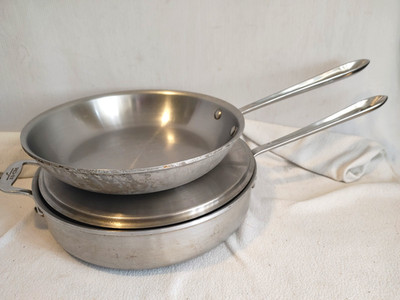 SET OF 2 PANS ALL CLAD MC2 MASTER CHEF2 10'' SKILLET & 11'' SAUTE PAN WITH LID USA