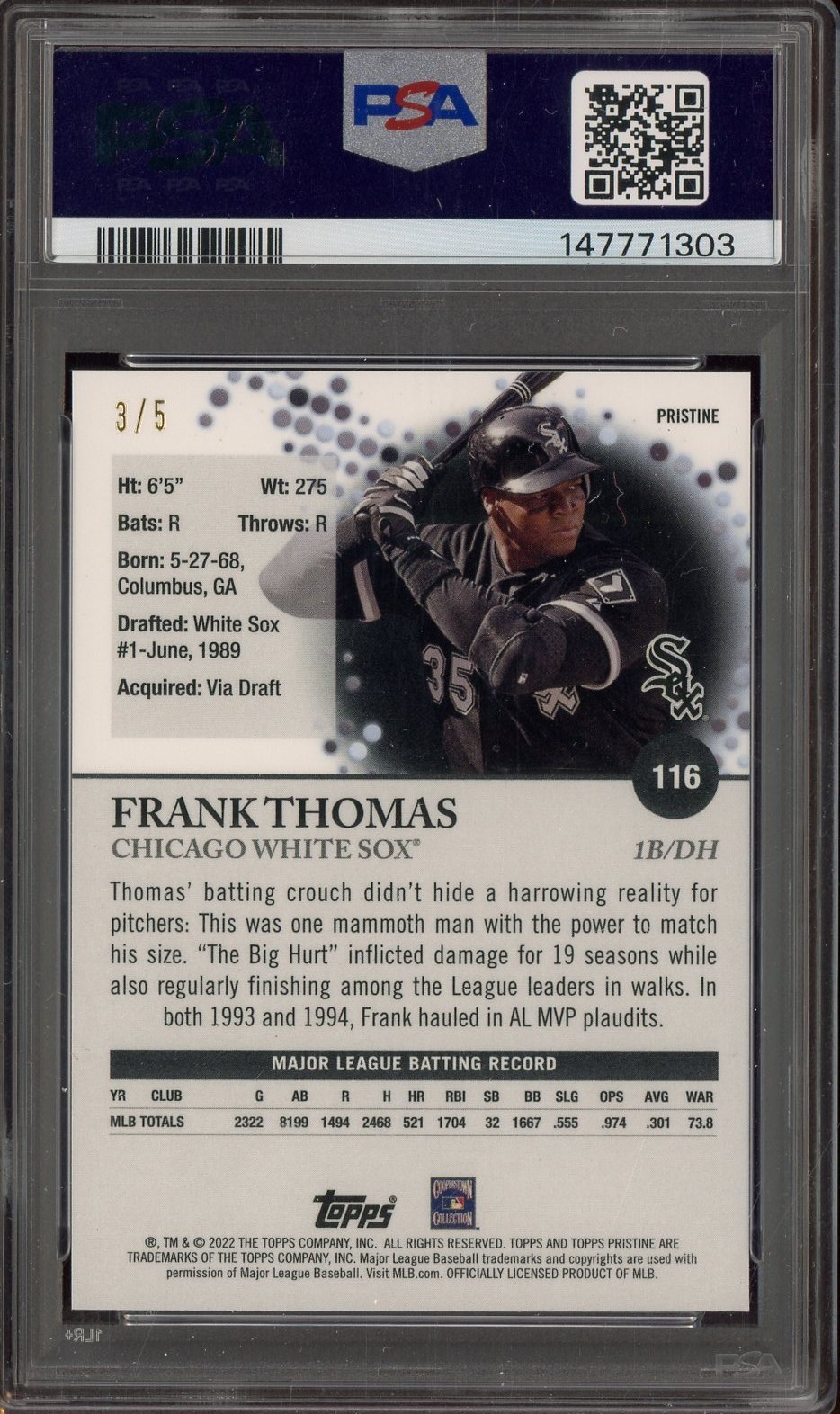 2022 Topps Pristine Red Refractor #116 Frank Thomas HOF 3/5 PSA 10 POP 1 view 2