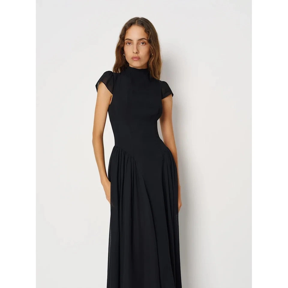 Reformation Maven Dress Black Mock Neck Cap Sleeve Midi Size 4 - Image 2 of 4