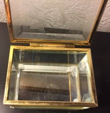 Vintage Mirrored Footed Brass Tone Etched Bird Beveled Glass Trinket Jewelry Box