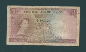 CEYLON 2 ROUPIES 1952 PICK # 50 FINE.