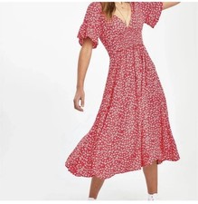 Free People In Full Bloom Midi Floral Sun Dress Red Smocked Boho Cottagecore S