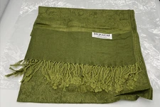 100% Pashmina Womens Green Shawl Wrap Scarf with Fringe 13” X 72”