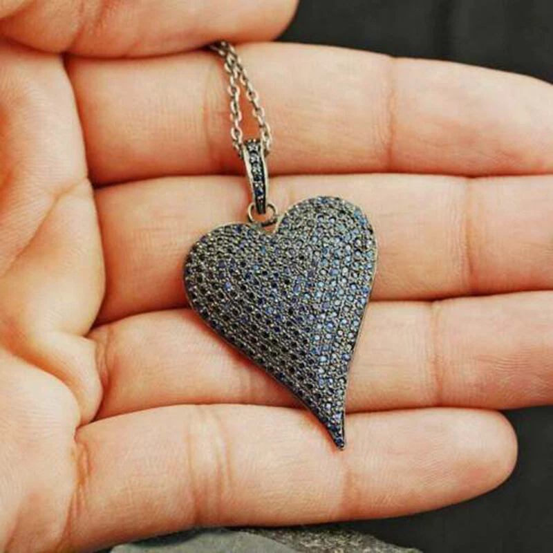 Women's 1.5ct Blue Sapphire Simulated Love Heart Pendant 925 Silver 18" - Изображение 2 из 4