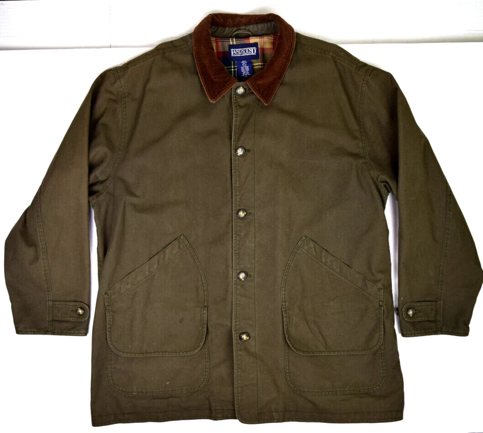 Abrigo Vintage Lands' End Talla XL/2XL Años 80 90 Lona Pana Cuello Verde Marrón Foto 3 de 4