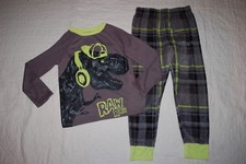 Boys L/S Pajamas Set T-REX DINOSAUR w/ HEADPHONES HAT Gray Green Plaid S 6-7