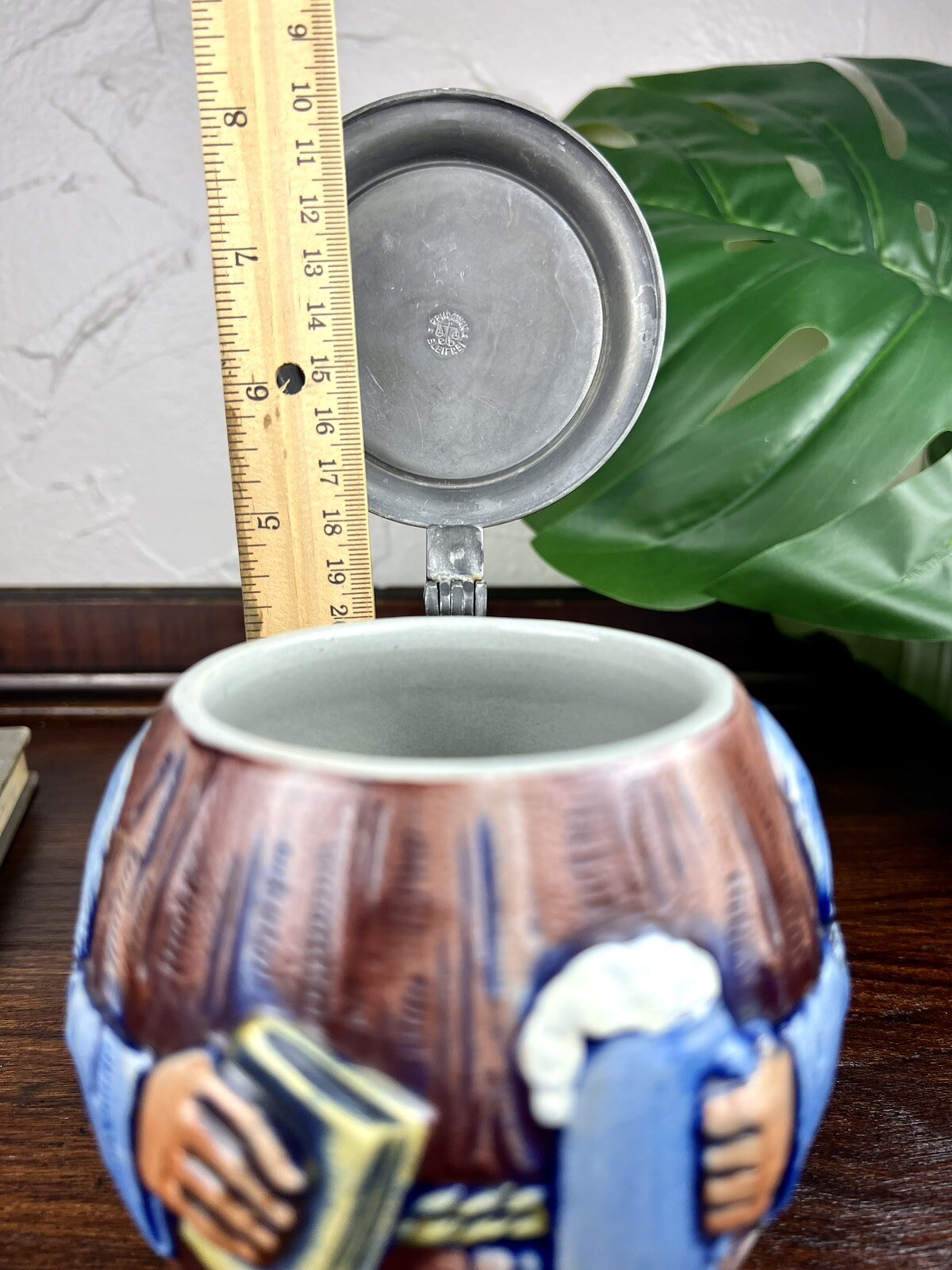 Vintage Lidded Gerzit Gerz Beer Stein Friar Monk Book Bible Germany Stoneware