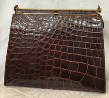 F. Miller Alligator Purse Brown Square Gold Trim Clip Closure One Strap