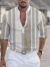 Button Down Shirt Men stripe Light Linen Solid Lightweight Collarless