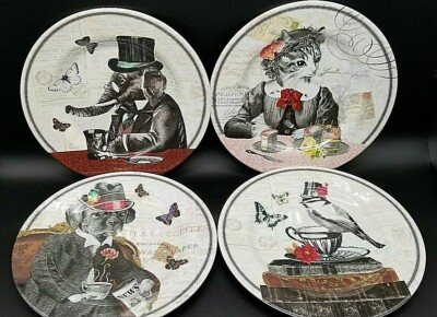 NIB Set of 4 Melamine 9'' Dinner/Salad Plates Elephant, Dog, Cat & Bird FREE SHIP