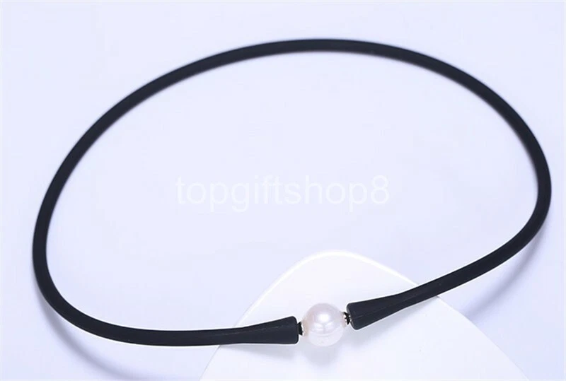 Collar informal de silicona negro collar minimalista de perlas blancas de agua dulce de 11 mm Foto 2 de 2