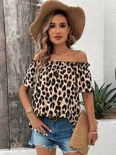 Cute Women's Leopard Print Blouse Top, Ruffled Elastic Off-The-Shoulder Design