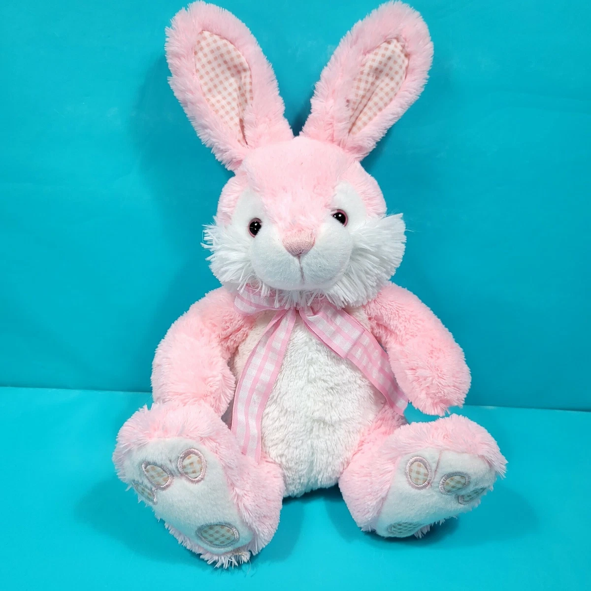 Easter Bunny Plush Pink Checkered Bow Tie Rabbit Furry Stuffed Animal 13  Spring | eBay