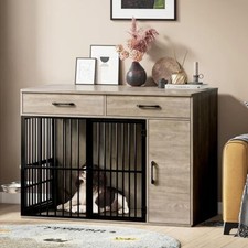 Large Wooden Dog Crate with Drawers, Side Cabinet & 360°Rotating Bowls