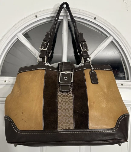 Borsa Coach Hampton a righe F11346 pelle scamosciata grande borsa a tracolla tote rara