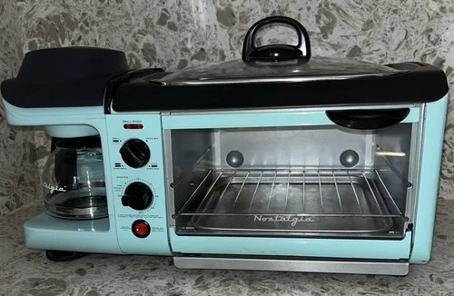 Nostalgia 3 in 1 Breakfast Station Coffee Maker Griddle Toaster Oven,Aqua Clean!