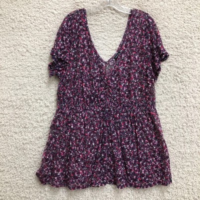 Torrid Top Shirt 1X Adult Plus Pink Floral V Neck Smocked Blouse Boho Womens