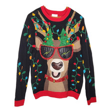 Holiday Time Ugly Christmas Sweater Reindeer Lights Sunglasses Trees Mens Medium