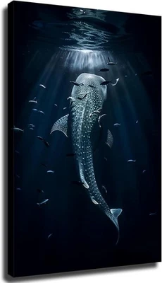 Whale Shark Canvas Painting, Deep Sea Light Rays Wall Art, Ocean Wall Decor