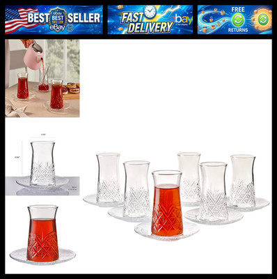Pasabahce Crystal Turkish Tea Glasses and Saucers, Set of 12 Turkish Tea Cup Set