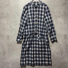 MHL Margaret Howell Plaid Band Collar Shirt Dress Navy Gray Cotton Used