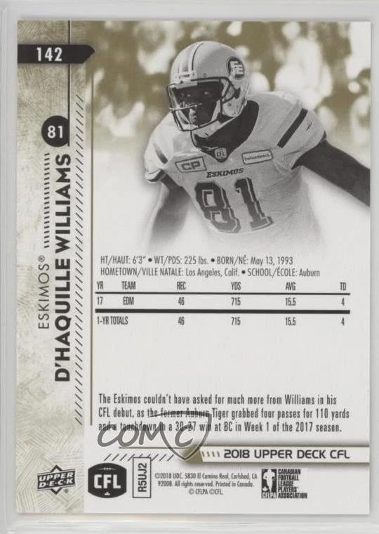 2018 Upper Deck CFL Gold /50 D'Haquille Williams #142 - Image 2 of 2