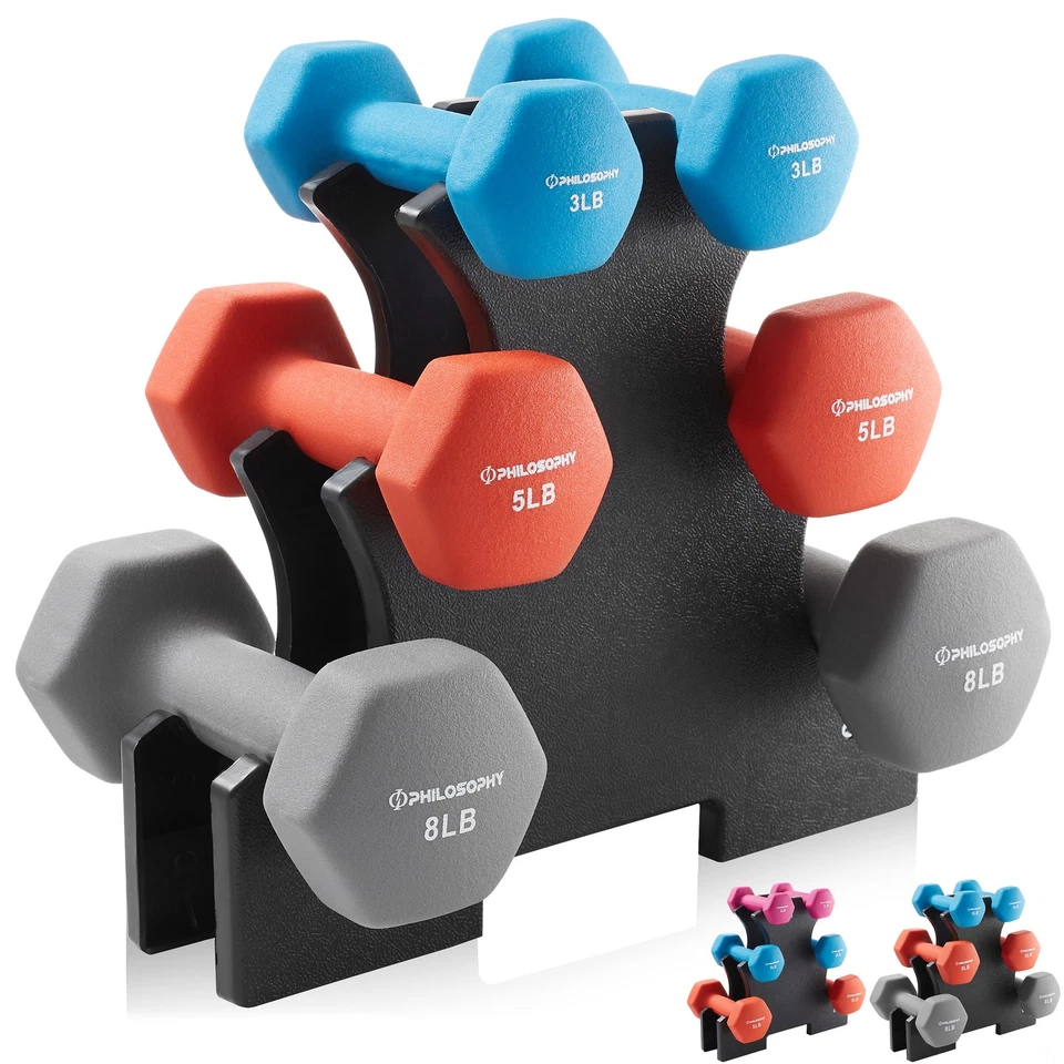 PHILOSOPHY GYM Neoprene Dumbbell Hexagon Hand Weights, Set of 6 with Rack