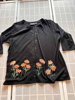 The Quacker Factory Black Cardigan Women Sz XL Knit Embroidered Art To Wear Boho