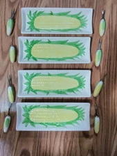 VINTAGE LILLIAN VERNON SET OF 4 CORN ON THE COB HOLDERS PLATES BUTTER BRUSH