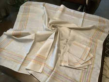 Vintage Tablecloth Rainbow Borders & 6 Napkins Off White Estate Linen Set
