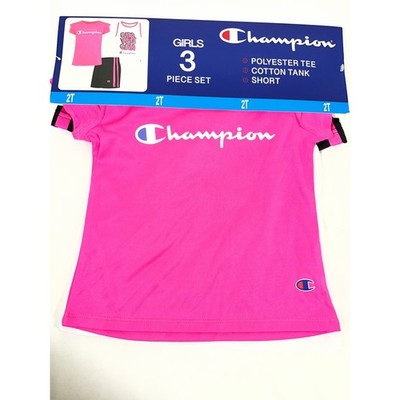 Champion 3 Piece Set Girls 2T Pink Tee White Tank Black Shorts Playwear Active