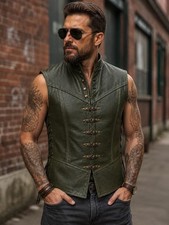 Genuine Leather Medieval Vest Men Steampunk Renaissance Buckle Waistcoat Olive.