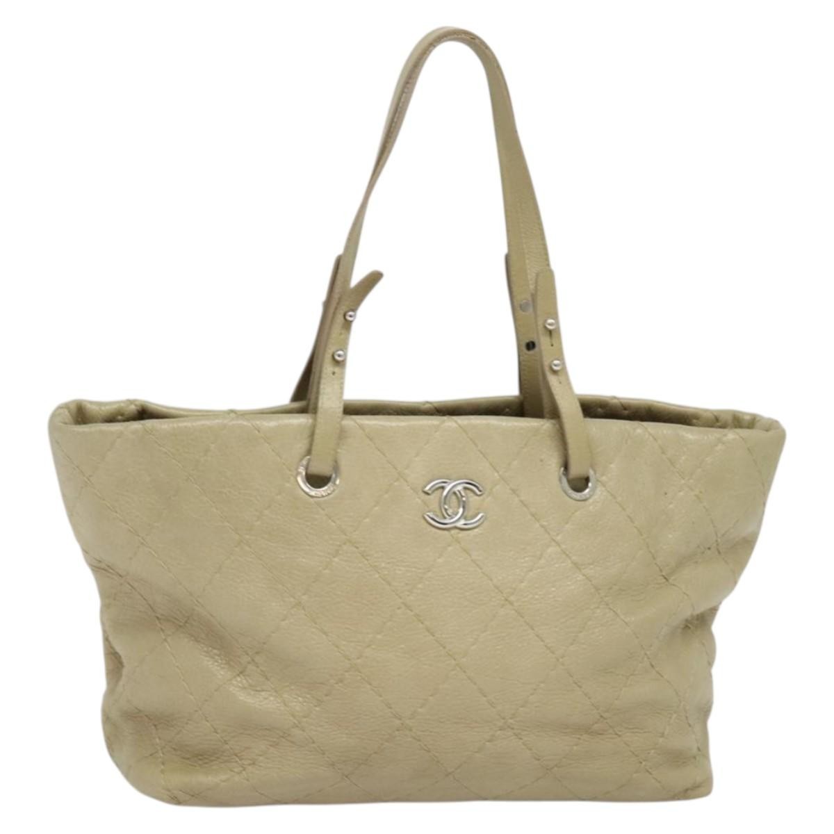 CHANEL Beige Leather Wild Stitch Tote Bag with Silver CC Logo Auth gh231