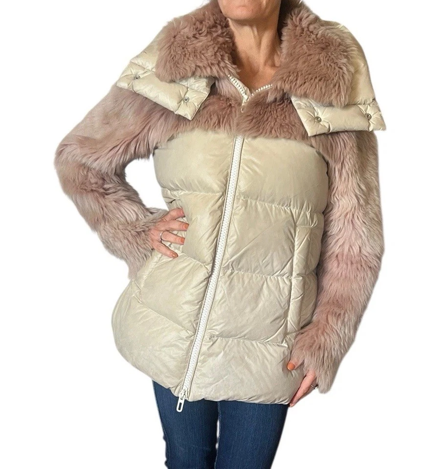 CHAQUETA ABRIGO MUJER DROME BEIGE ACOLCHADO PIEL DE OVEJA CON CAPUCHA ROSA PIEL DE CORDERO PEQUEÑA Foto 3 de 4