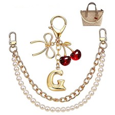 2-in-1 Bag Charms Set, Cherry Bow Bubble Initial Keychain with Pearl Purse Ch...
