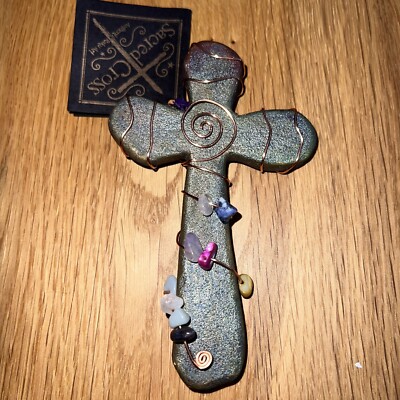 Jeremy Diller Raku Wall Cross Iridescent Copper Wrapped Heart Beads Signed 