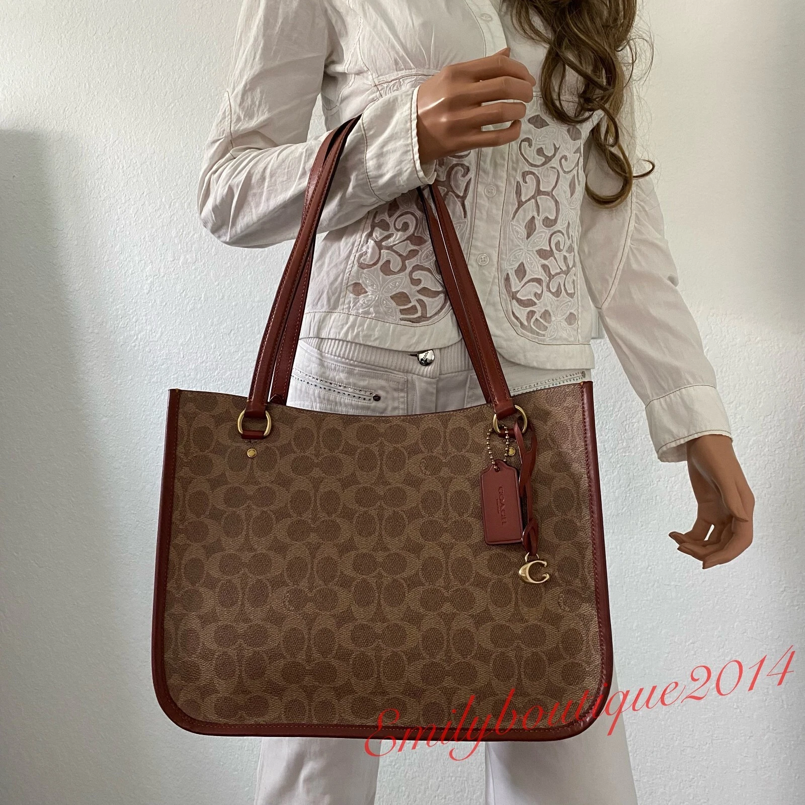 Borsa Coach C2591 Tyler nuova con etichette in tela firmata e pelle marrone ruggine