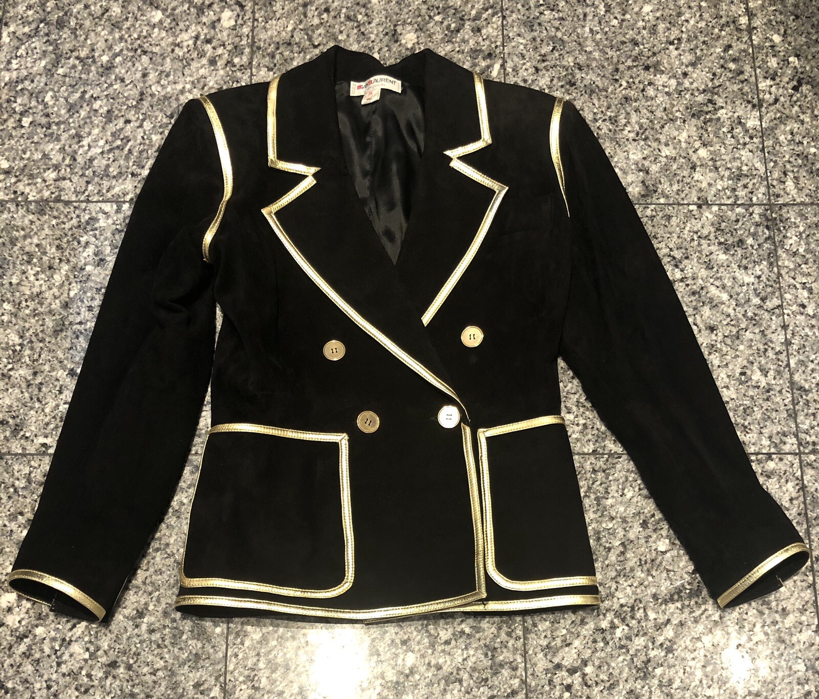 Giacca da donna Yves Saint Laurent YSL Rive Gauche 1988 pelle scamosciata nera oro