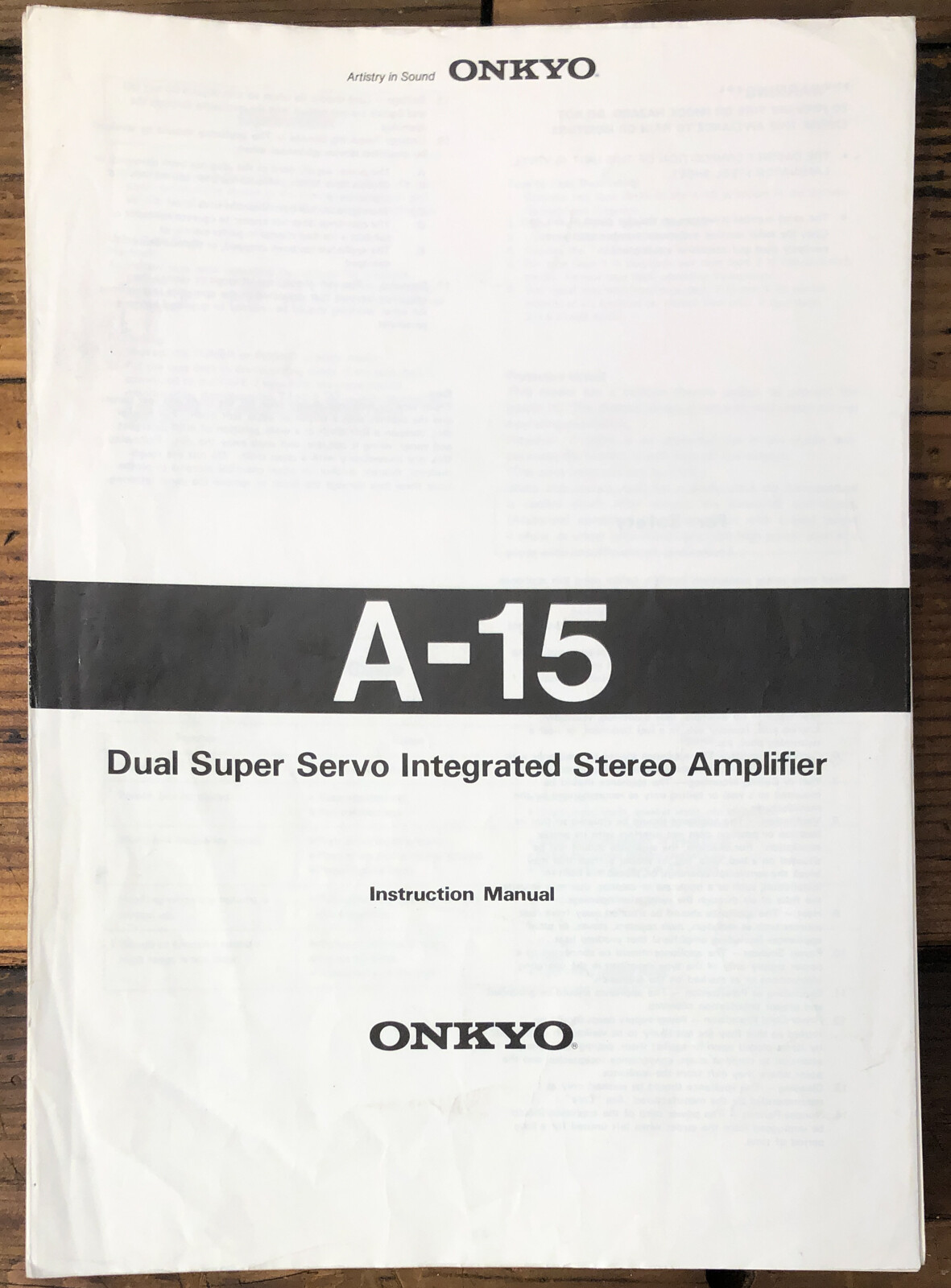Onkyo A-15 Amplifier  Owner / User Manual *Original*