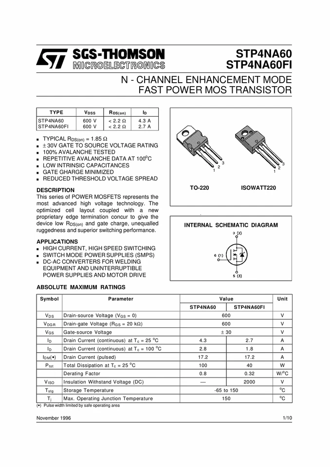 (PKG of 10) STP4NA60 N-Channel Power MOSFET, 600V, 4.3A, ST, TO-220 - Image 3 of 4